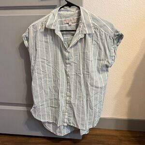 LOFT Light Blue and White Striped Short-Sleeve Button-Down Shirt
